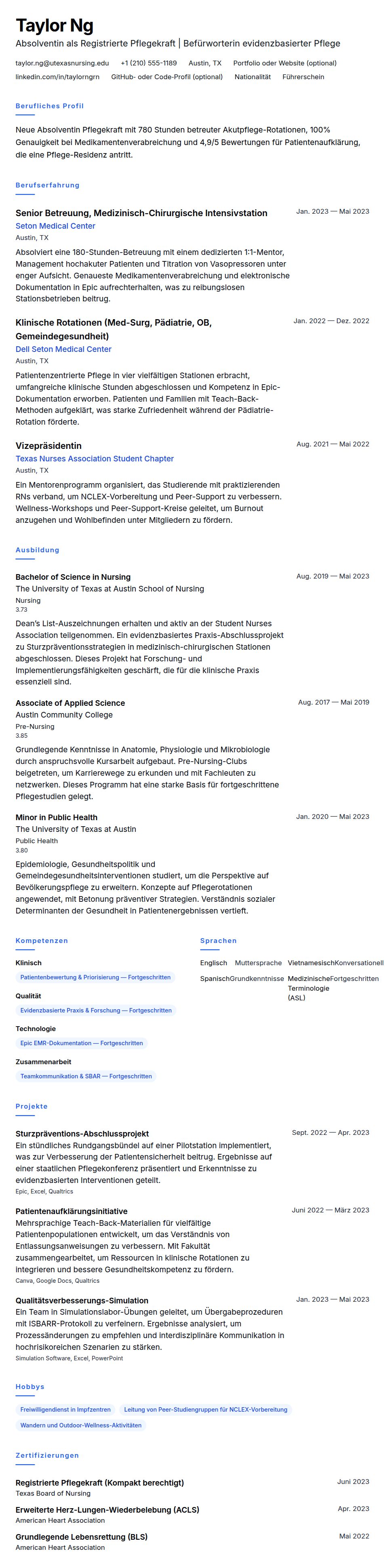 Lebenslaufvorschau für Beispiel-Lebenslauf für Neue Absolventin Pflegekraft