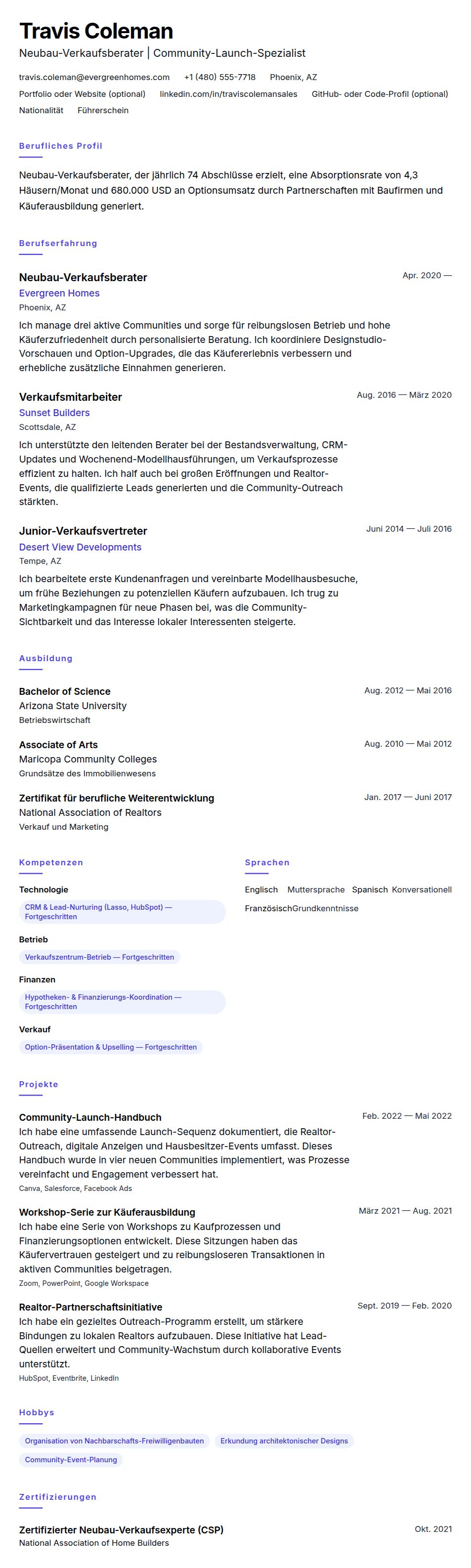 Lebenslaufvorschau für Lebenslaufbeispiel für Neubau-Verkaufsberater