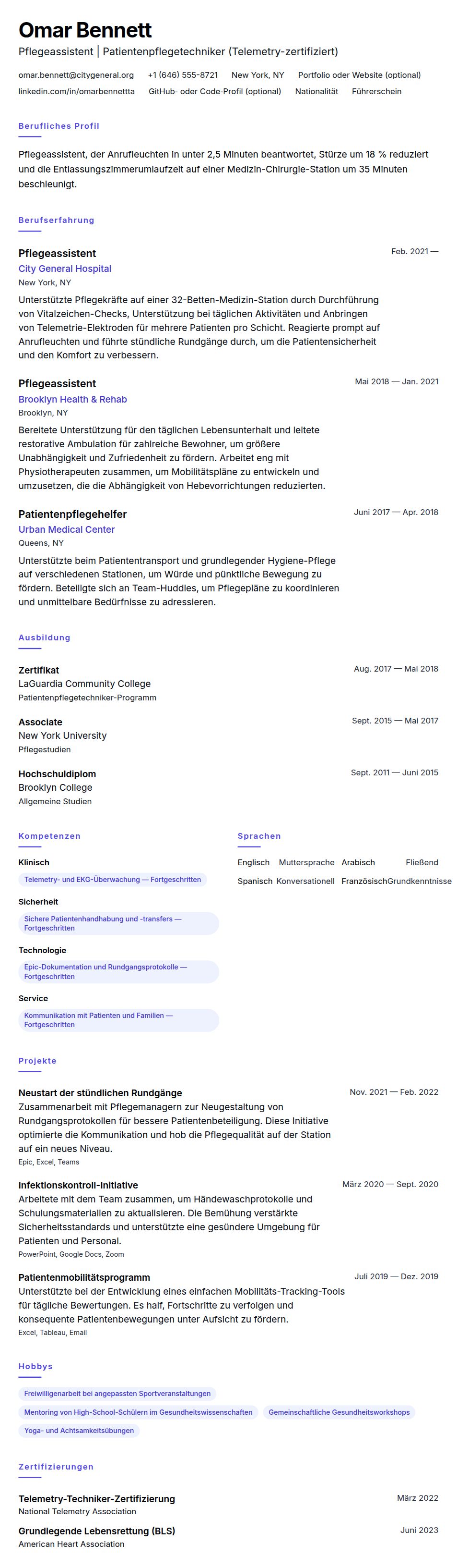 Lebenslaufvorschau für Beispiel-Lebenslauf für Pflegeassistent