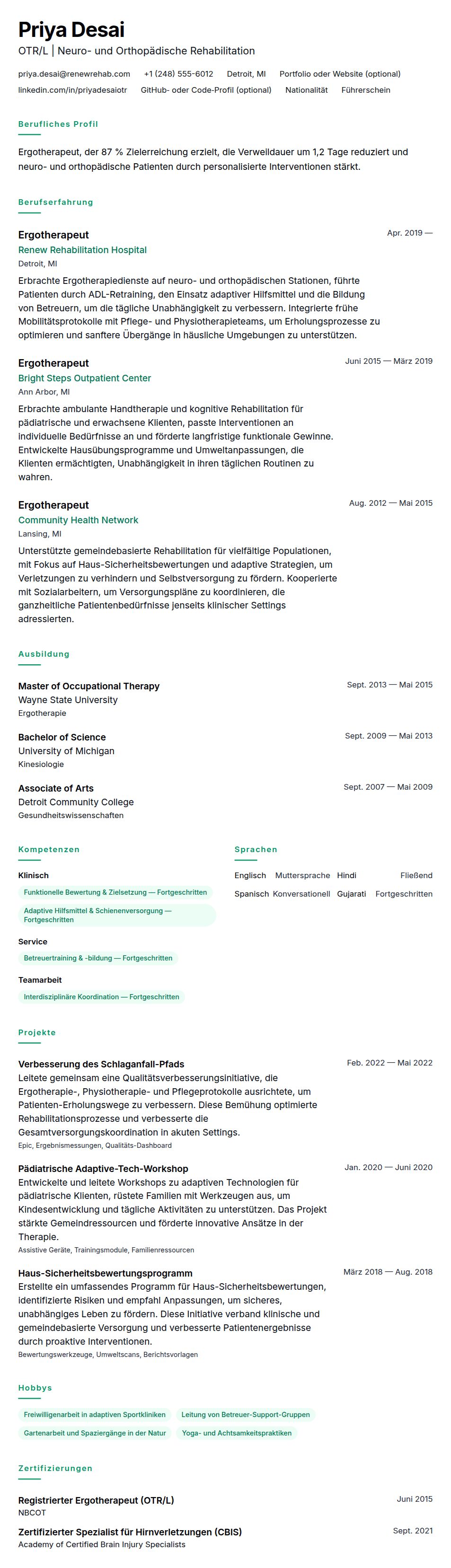 Lebenslaufvorschau für Ergotherapeut Lebenslauf-Beispiel