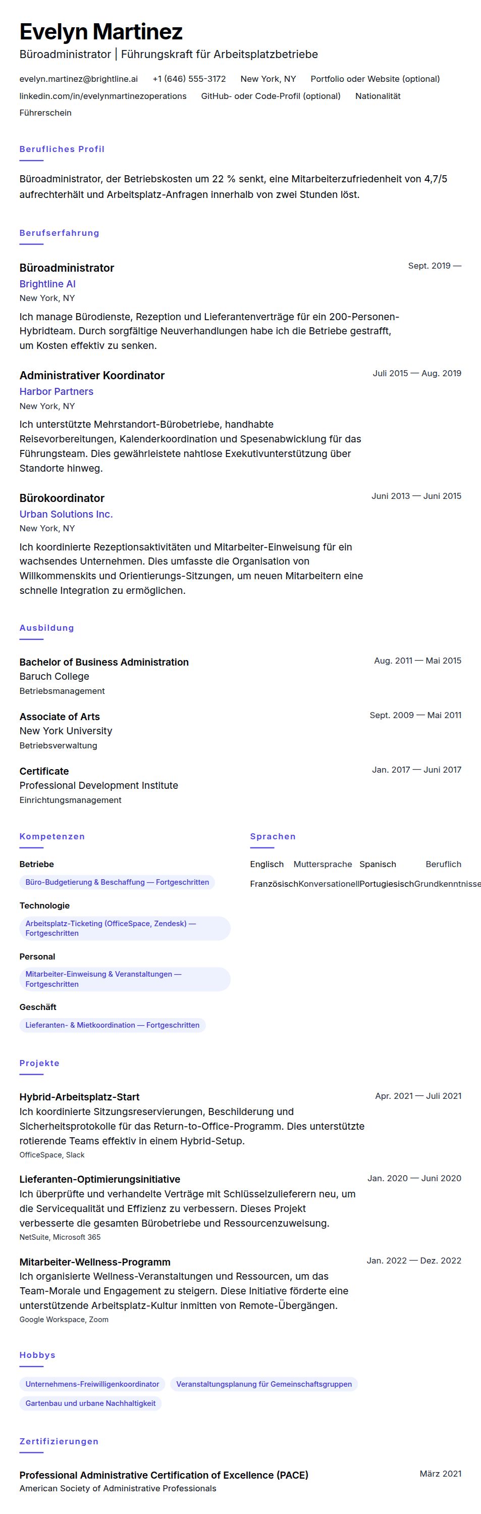 Büroadministrator Lebenslauf-Beispiel
