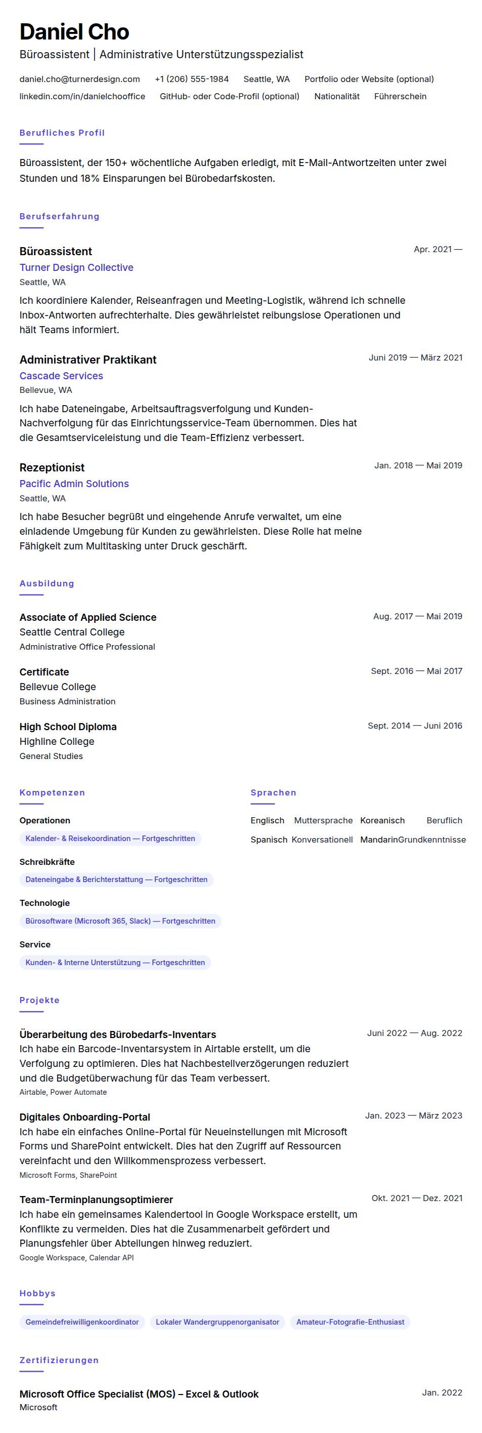 Büroassistent Lebenslaufbeispiel