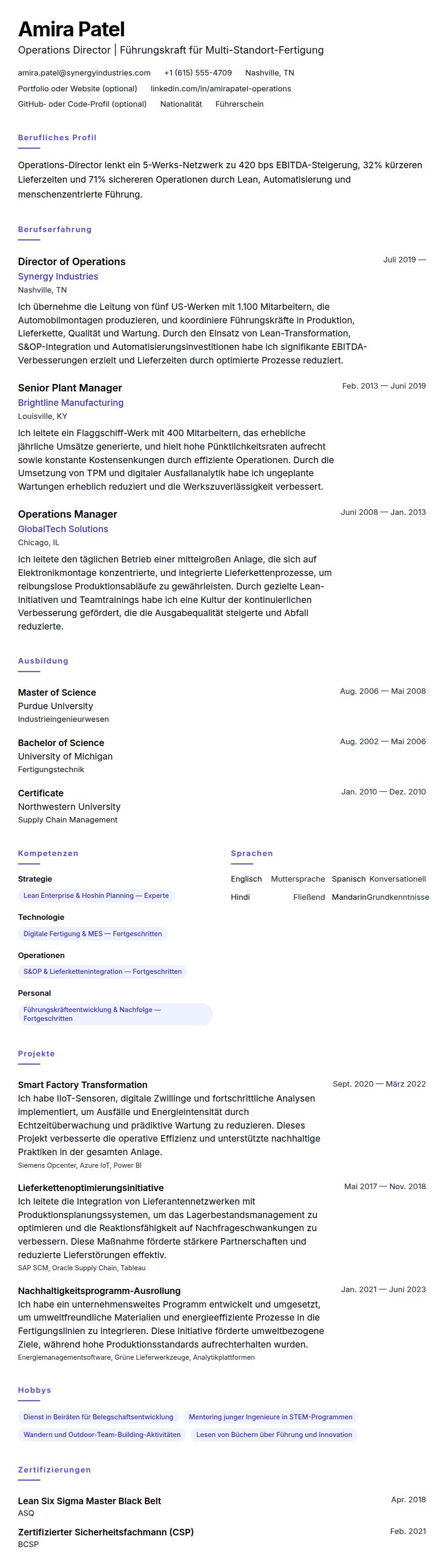 Operations Director Lebenslaufbeispiel