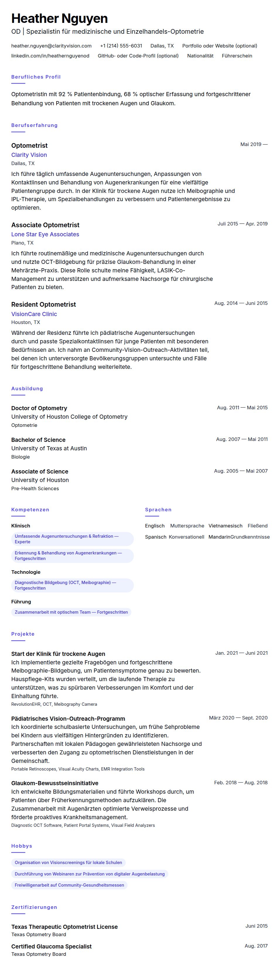 Lebenslaufvorschau für Optometrist Lebenslauf-Beispiel