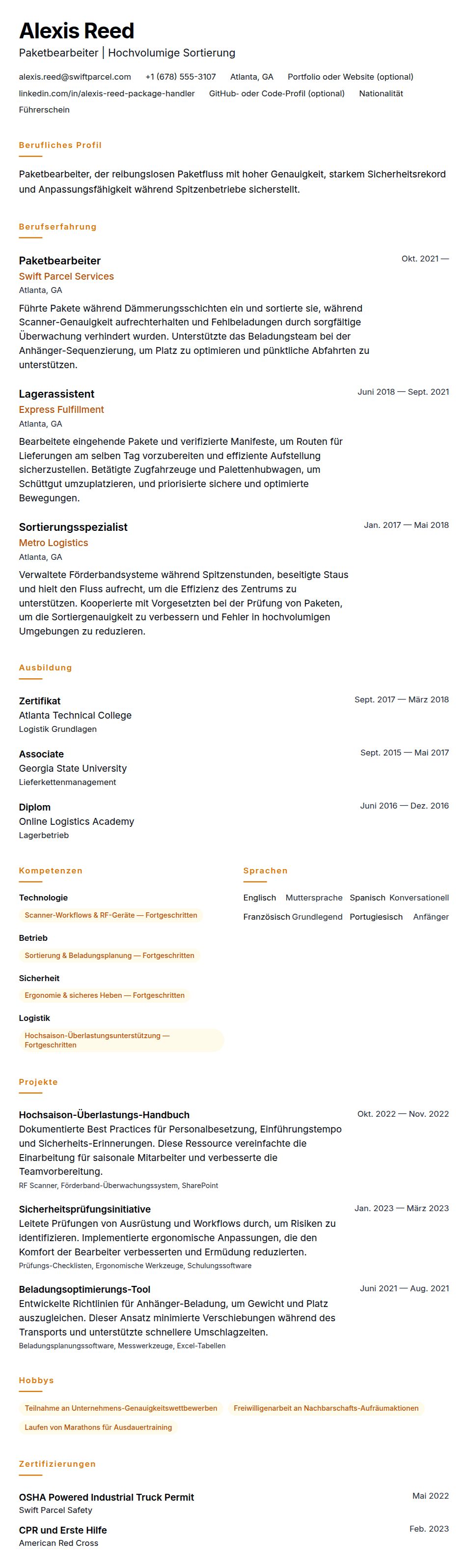 Lebenslaufvorschau für Paketbearbeiter Lebenslaufbeispiel