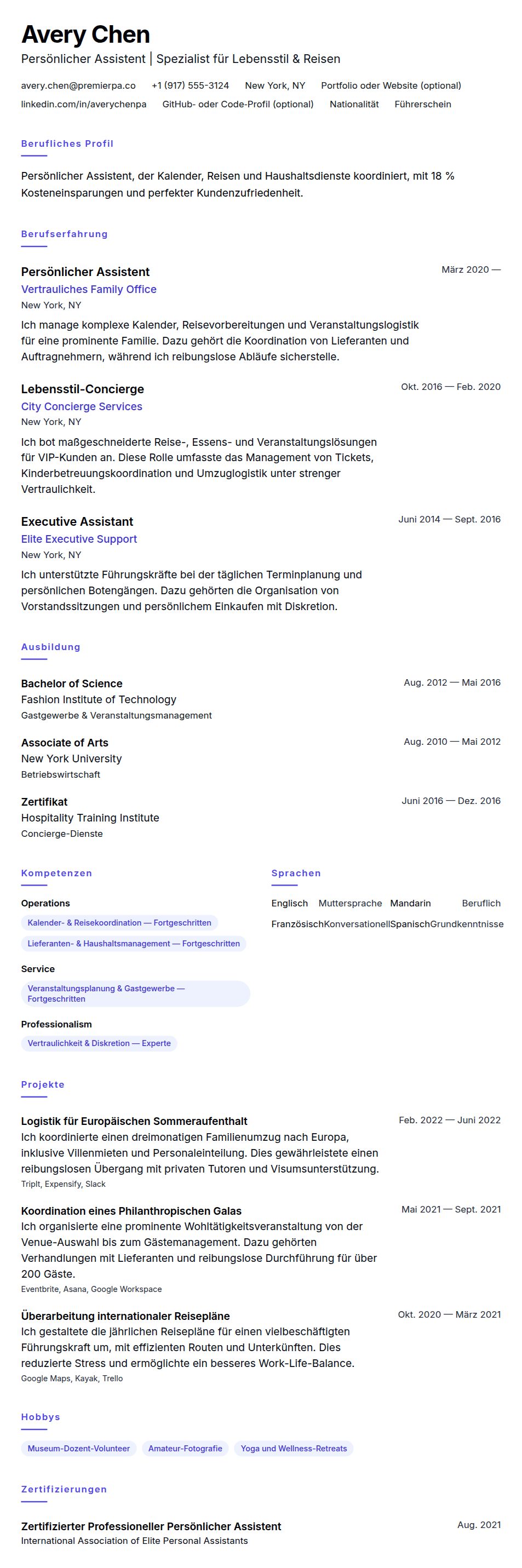 Lebenslaufvorschau für Beispiel-Lebenslauf für Persönlichen Assistenten