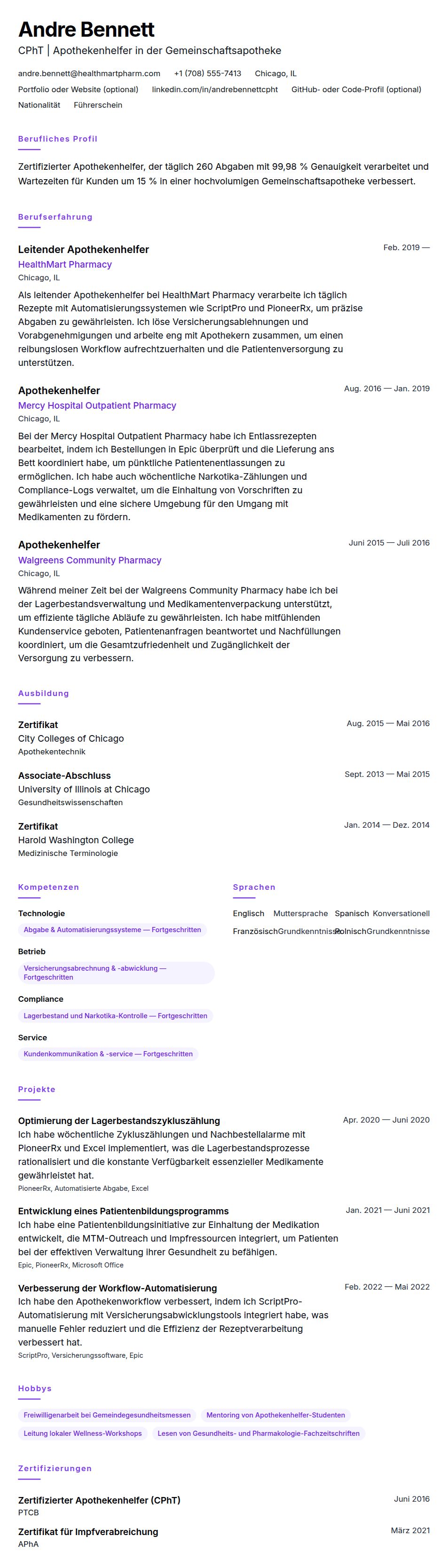 Lebenslaufvorschau für Apothekenhelfer Lebenslauf-Beispiel