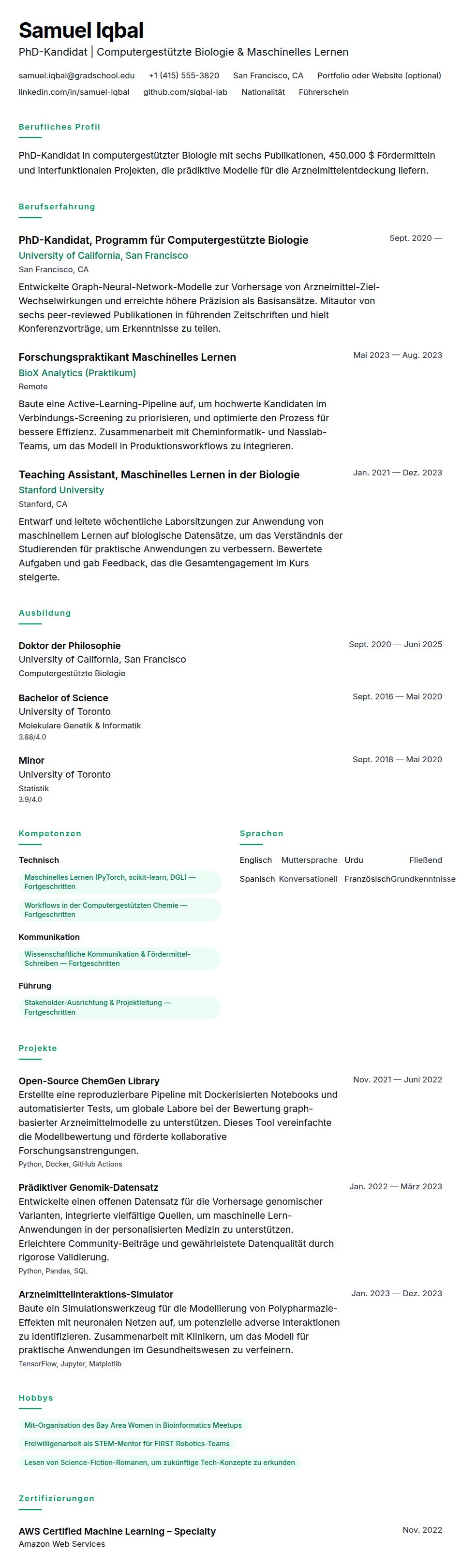PhD-Lebenslauf Beispiel