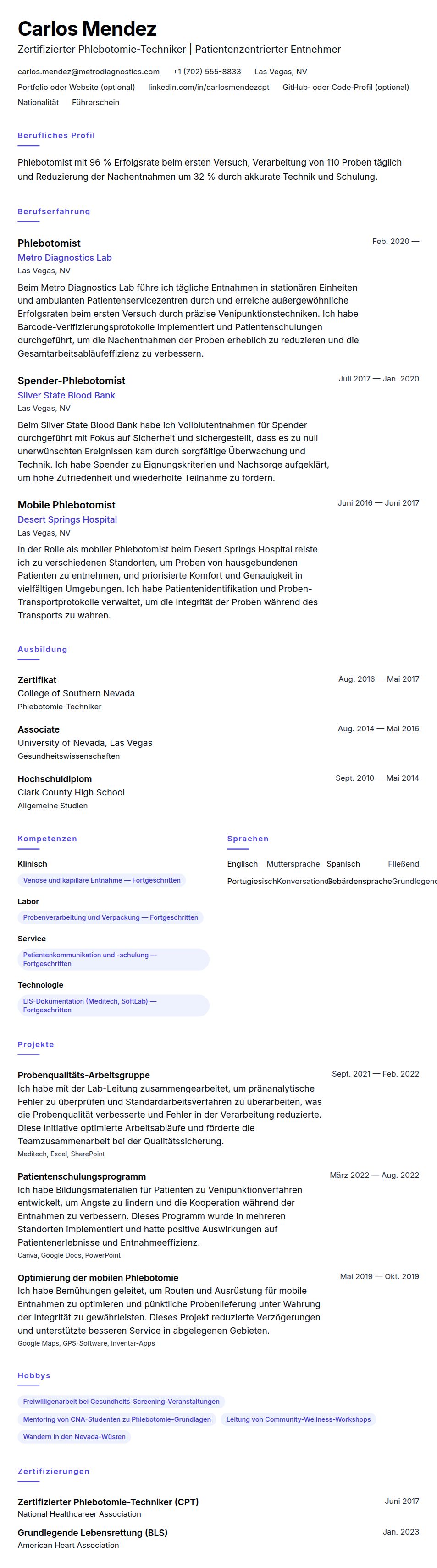 Lebenslaufvorschau für Phlebotomist Lebenslauf-Beispiel