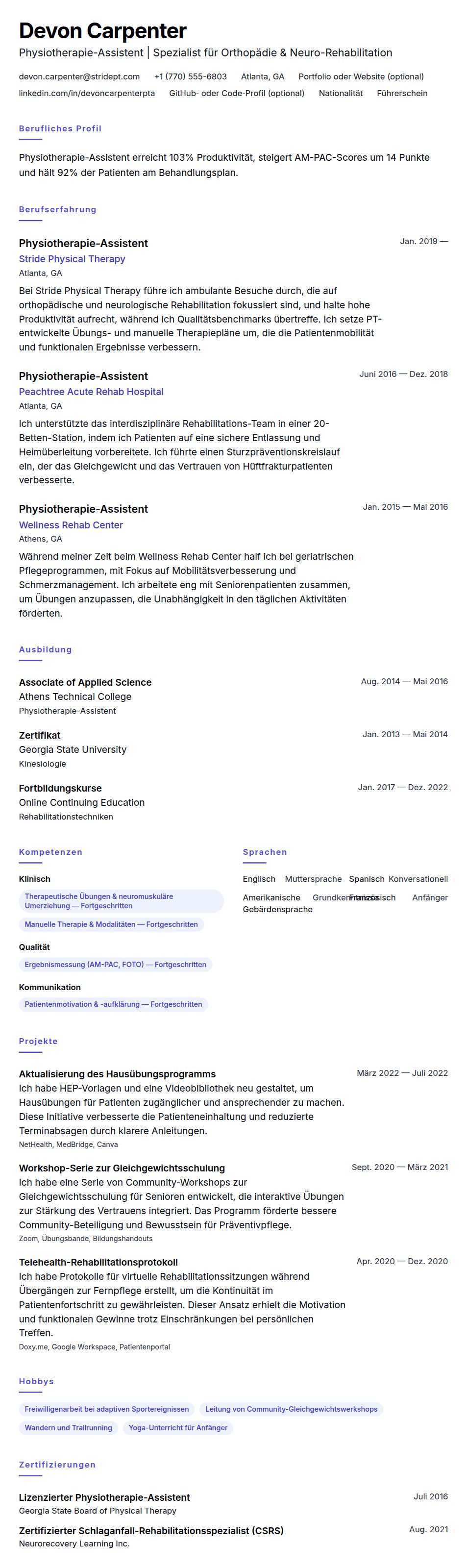 Lebenslaufvorschau für Physiotherapie-Assistent (PTA) Lebenslauf-Beispiel