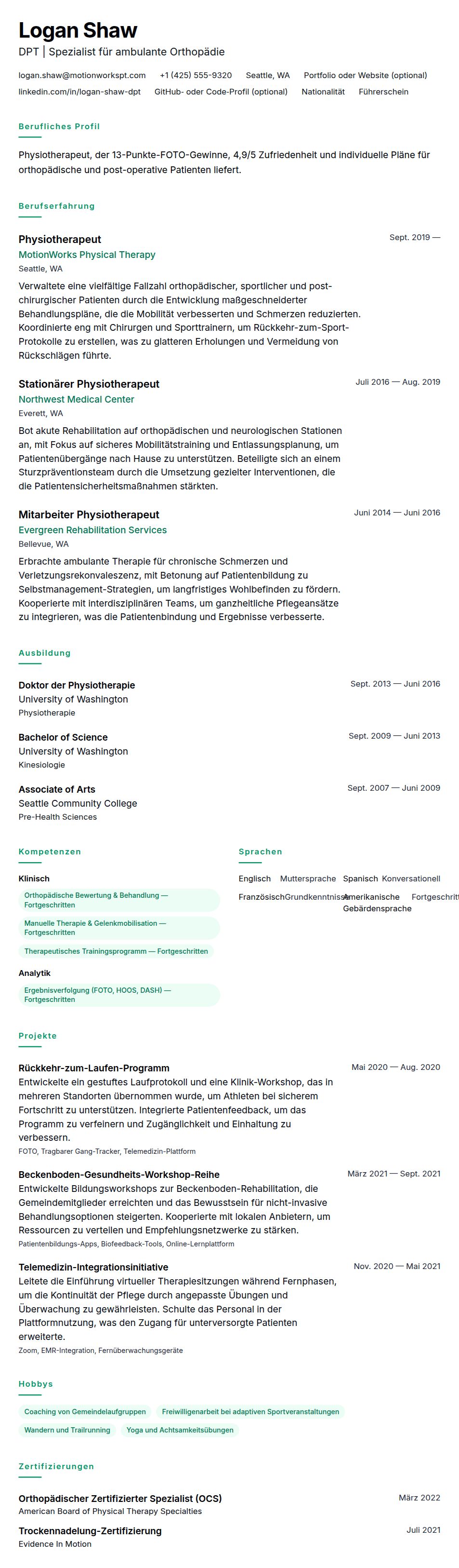 Lebenslaufvorschau für Physiotherapeut Lebenslauf-Beispiel