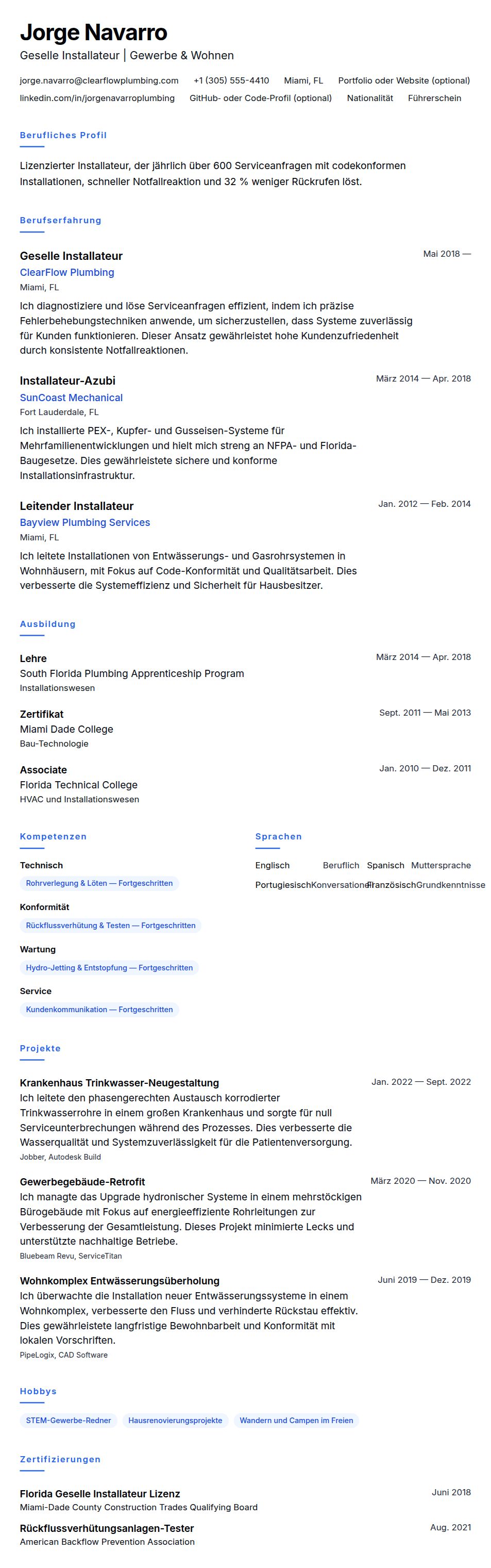Installateur Lebenslauf-Beispiel
