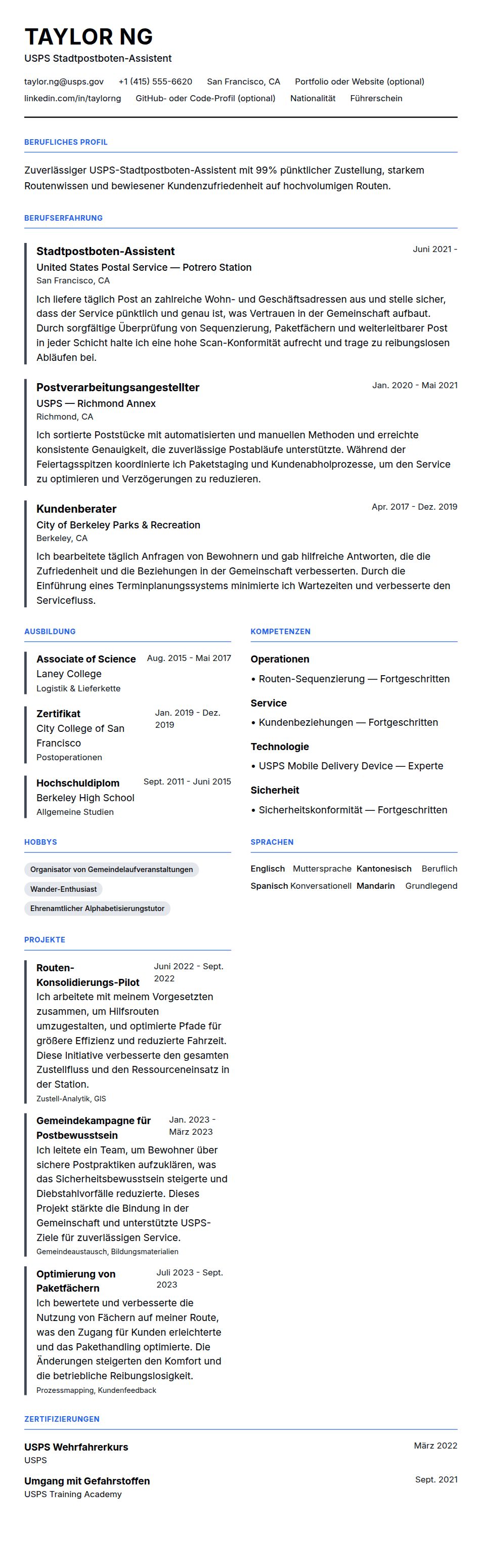 Lebenslaufbeispiel für Postdienstmitarbeiter