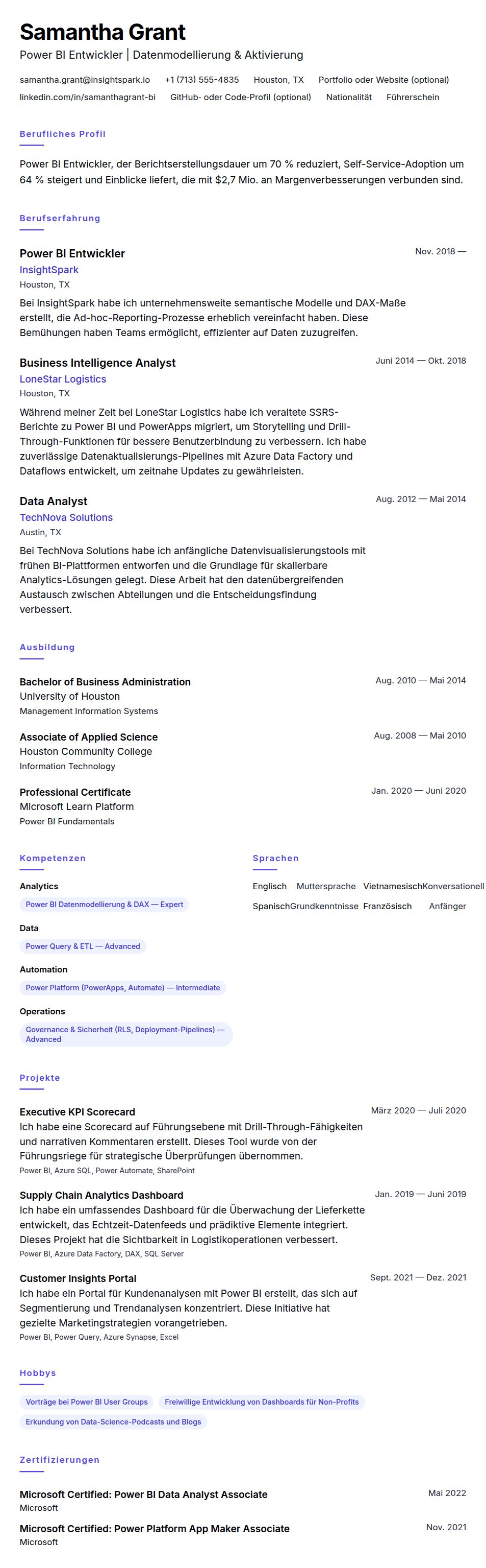 Lebenslaufvorschau für Power BI Entwickler Lebenslauf-Beispiel