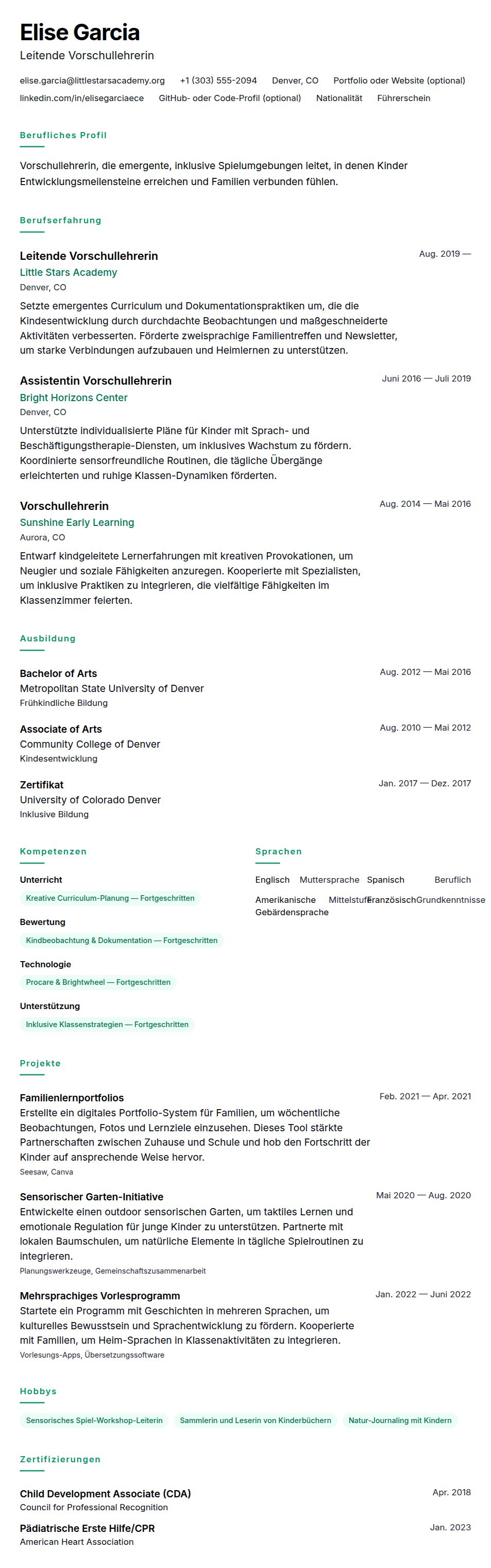 Lebenslaufvorschau für Vorschullehrer-Lebenslauf-Beispiel