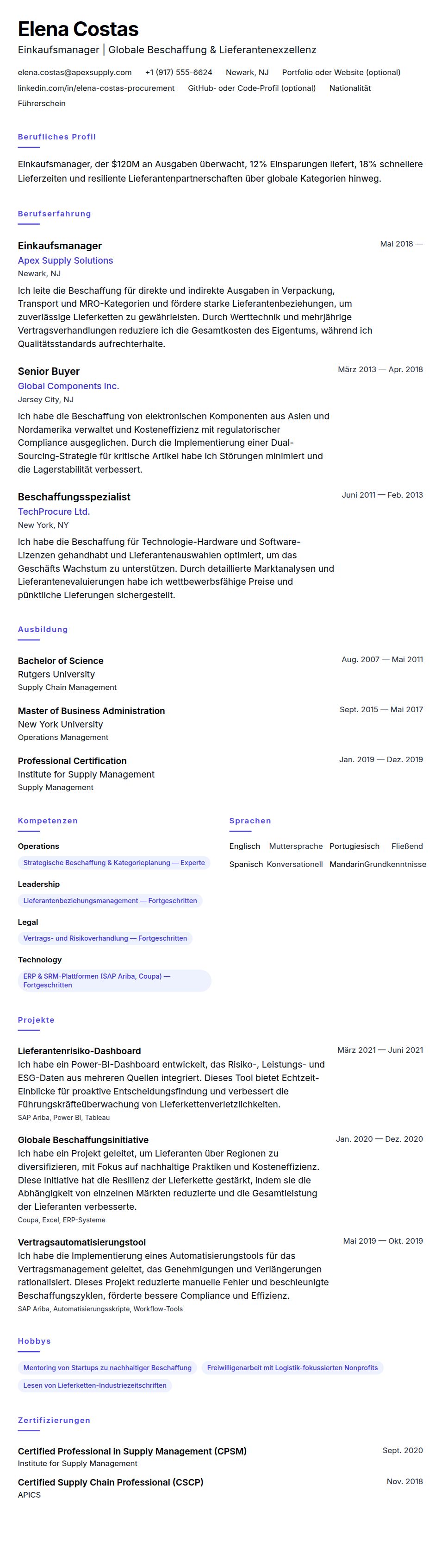 Lebenslaufvorschau für Einkaufsmanager Lebenslauf-Beispiel