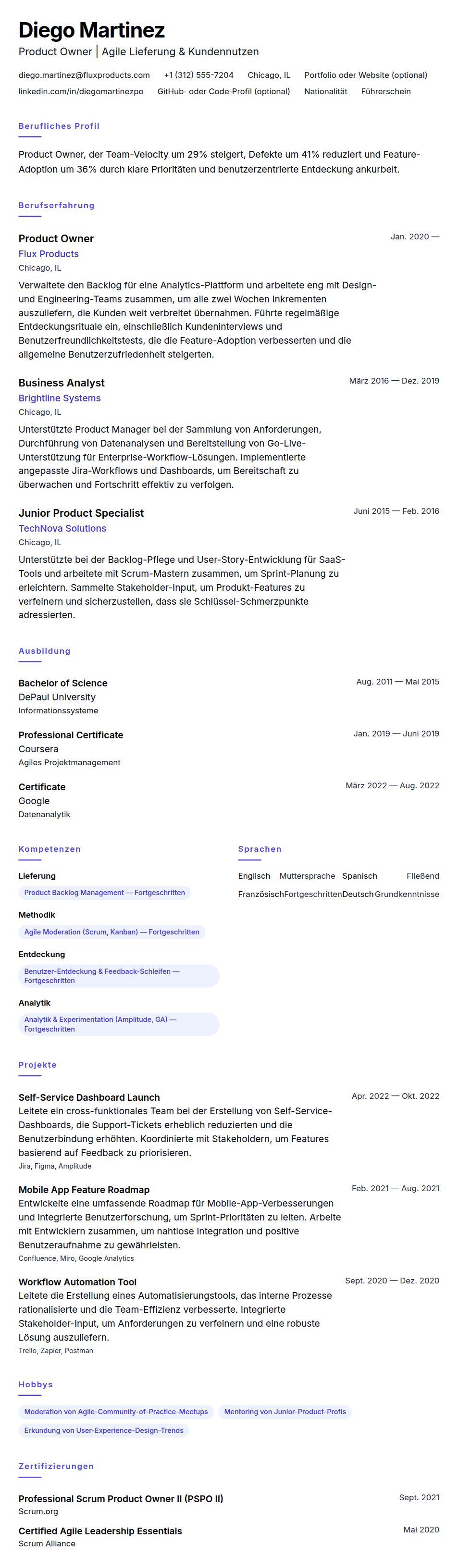 Lebenslaufvorschau für Product Owner Lebenslauf-Beispiel