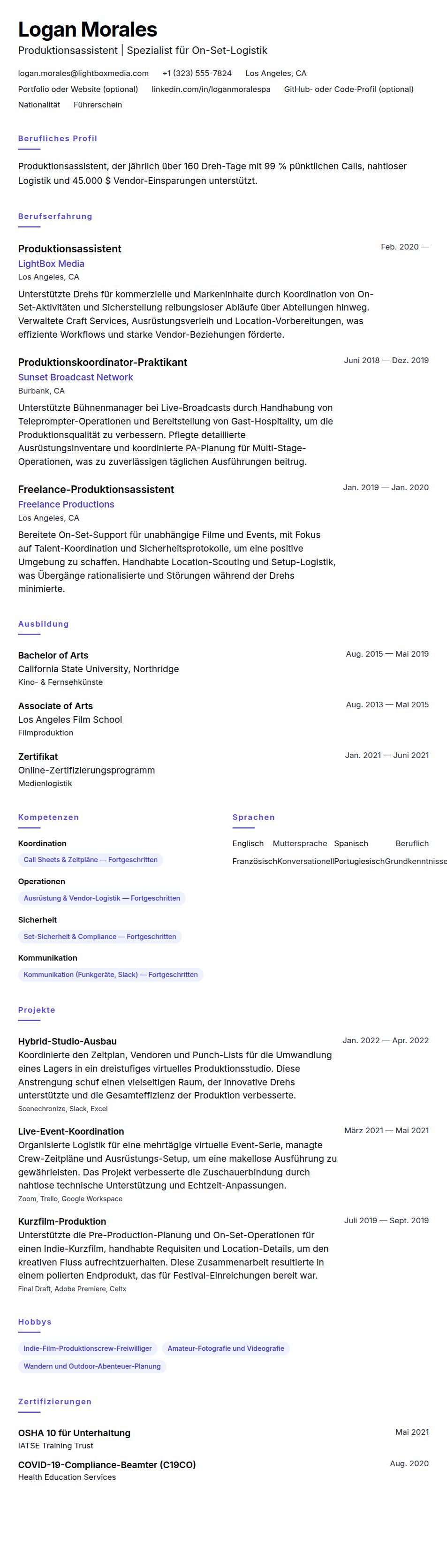 Beispiel-Lebenslauf für Produktionsassistent