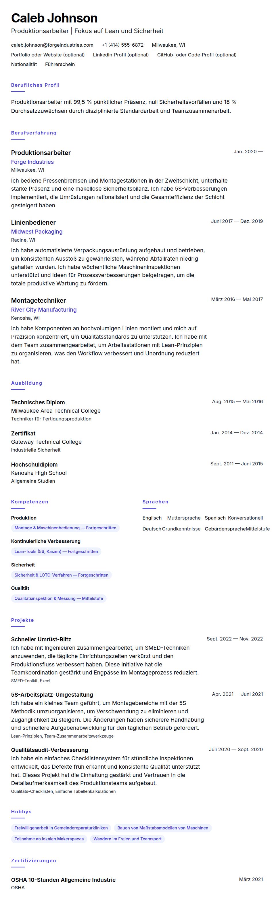 Lebenslaufvorschau für Beispiel-Lebenslauf für Produktionsarbeiter