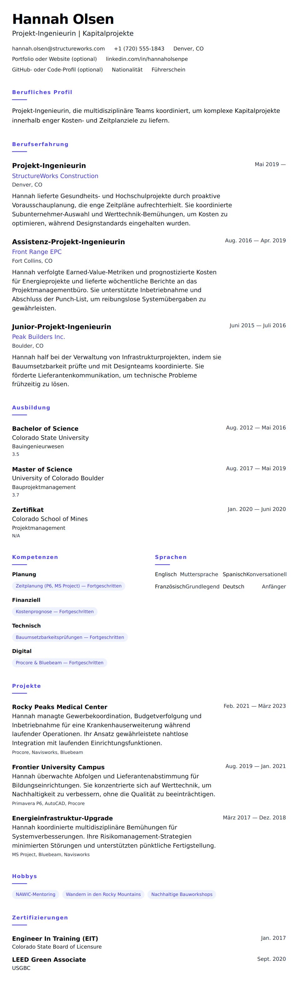 Lebenslaufvorschau für Beispiel für einen Lebenslauf als Projekt-Ingenieur