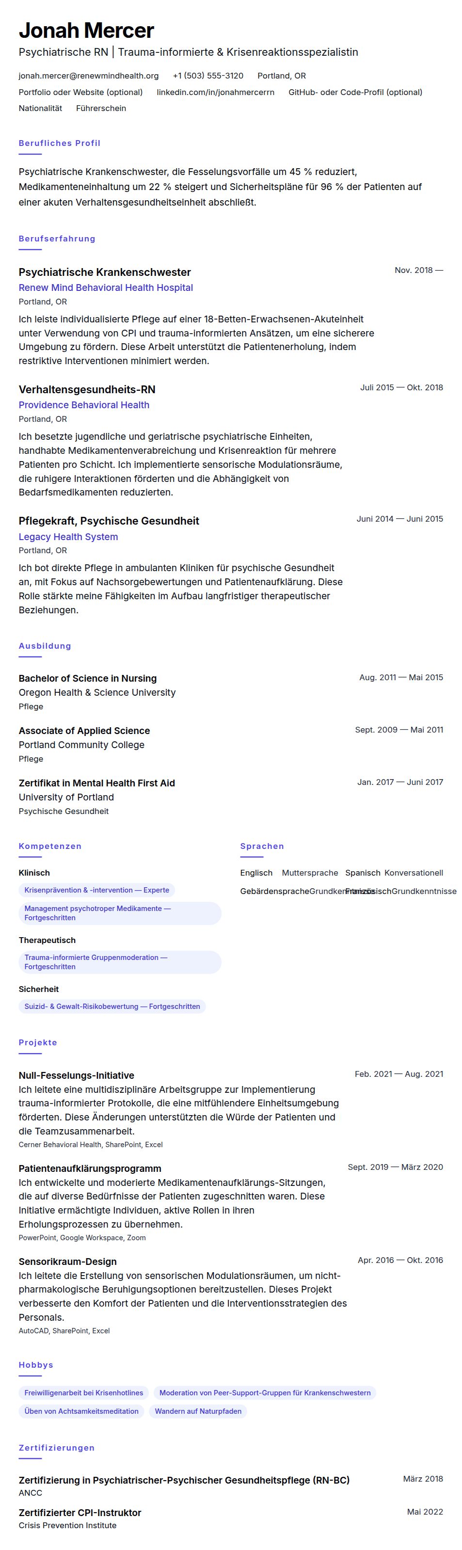 Lebenslaufvorschau für Psychiatrische Krankenschwester Lebenslauf-Beispiel