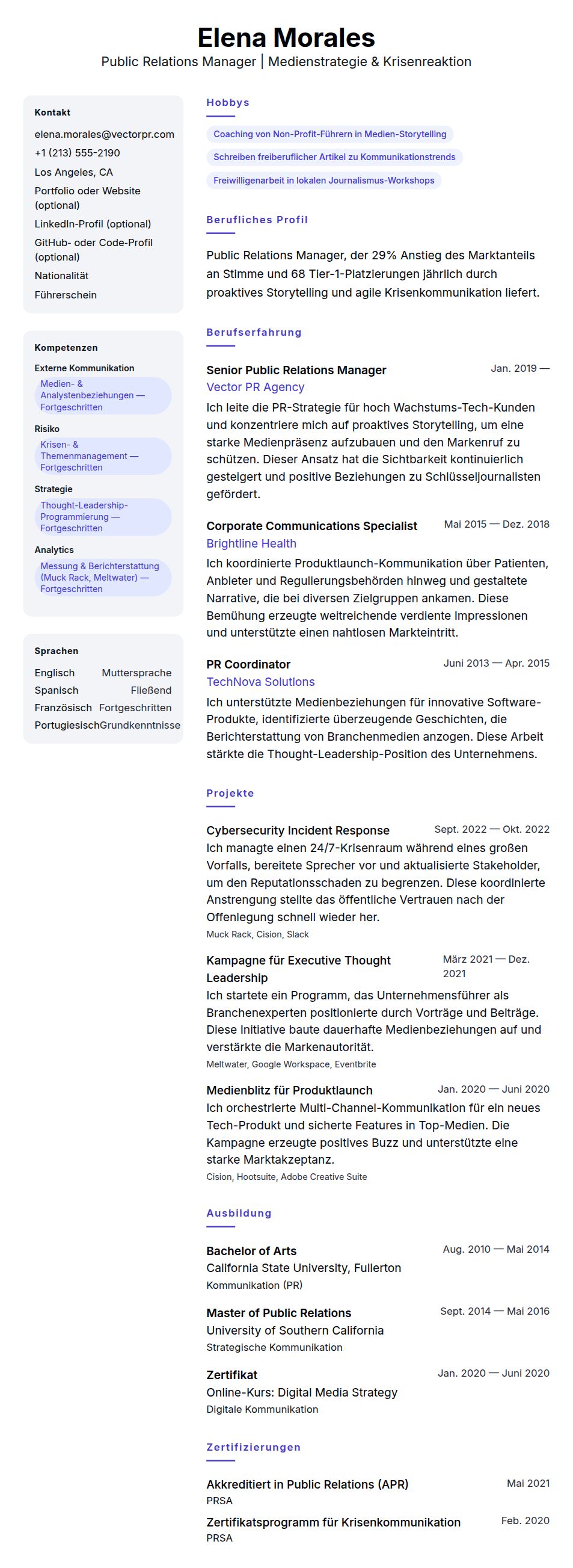 Lebenslaufvorschau für Lebenslauf-Beispiel für Public Relations Manager
