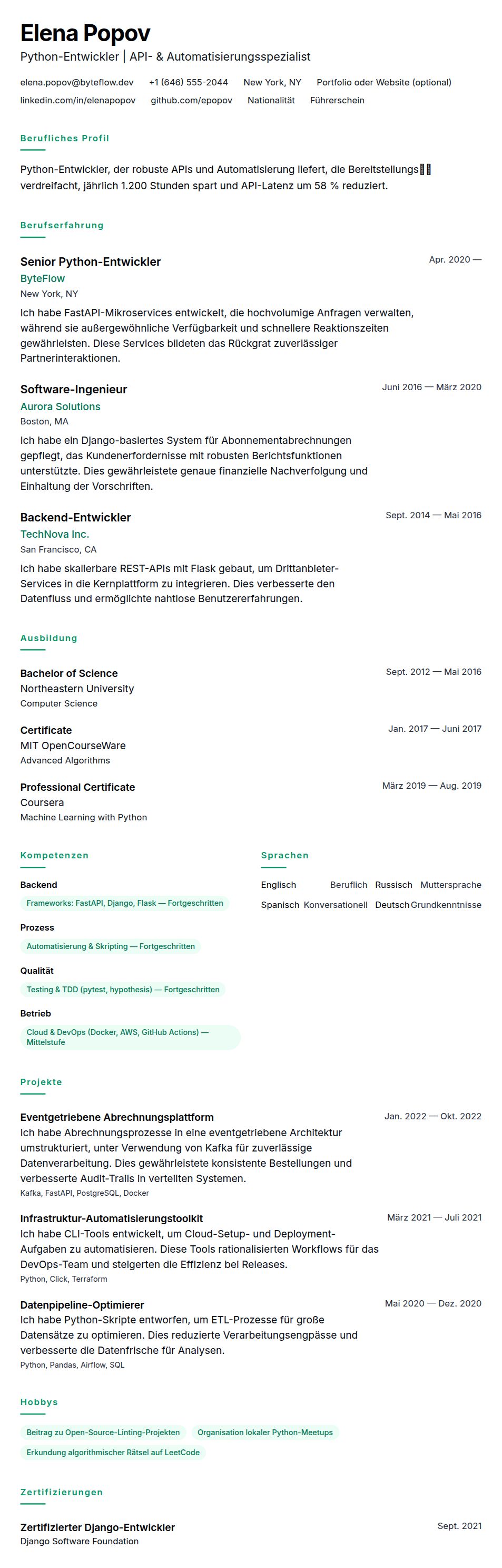 Lebenslaufvorschau für Lebenslauf-Beispiel für Python-Entwickler