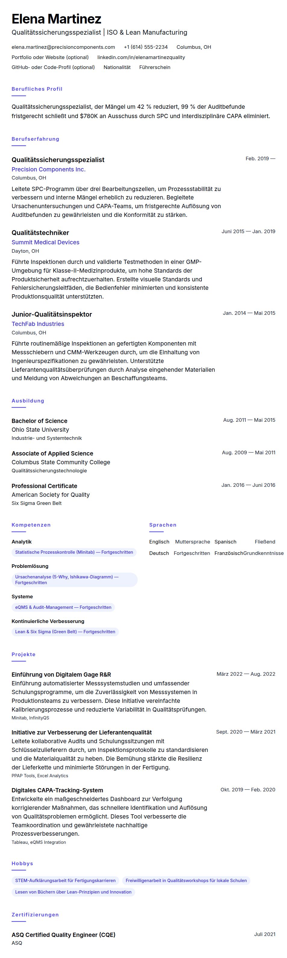 Lebenslaufvorschau für Lebenslaufbeispiel für Qualitätssicherungsspezialist