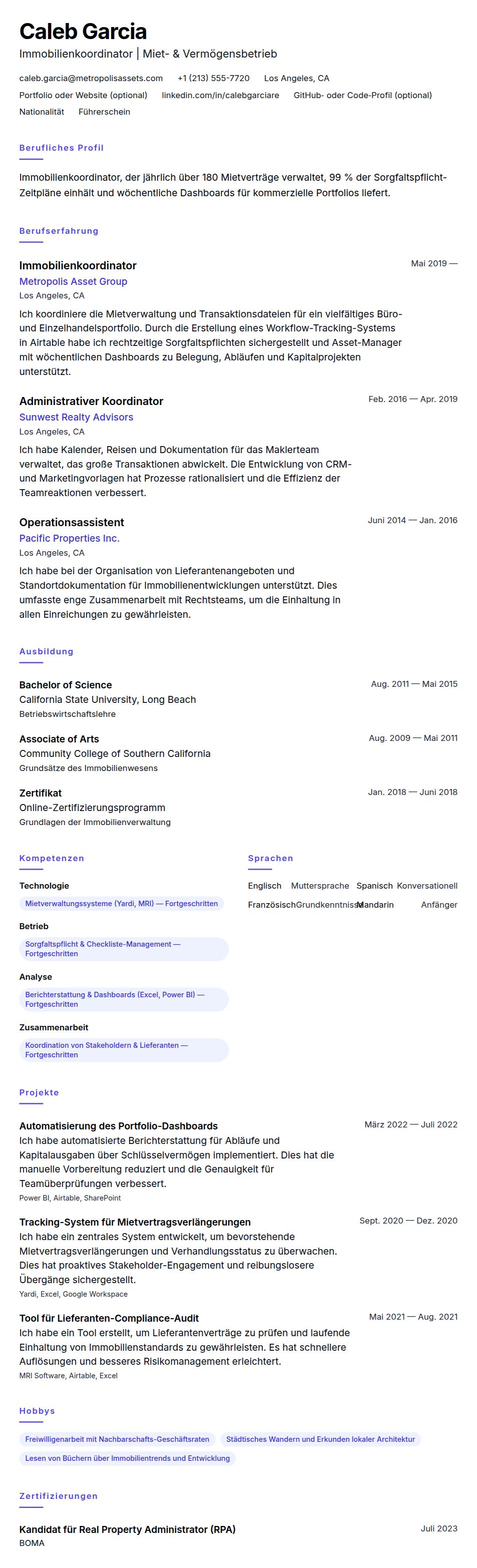 Lebenslaufvorschau für Lebenslaufbeispiel für Immobilienkoordinator