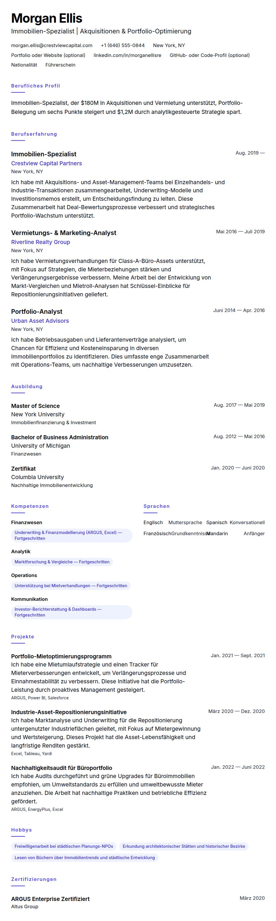 Lebenslaufvorschau für Beispiel-Lebenslauf für Immobilien-Spezialist