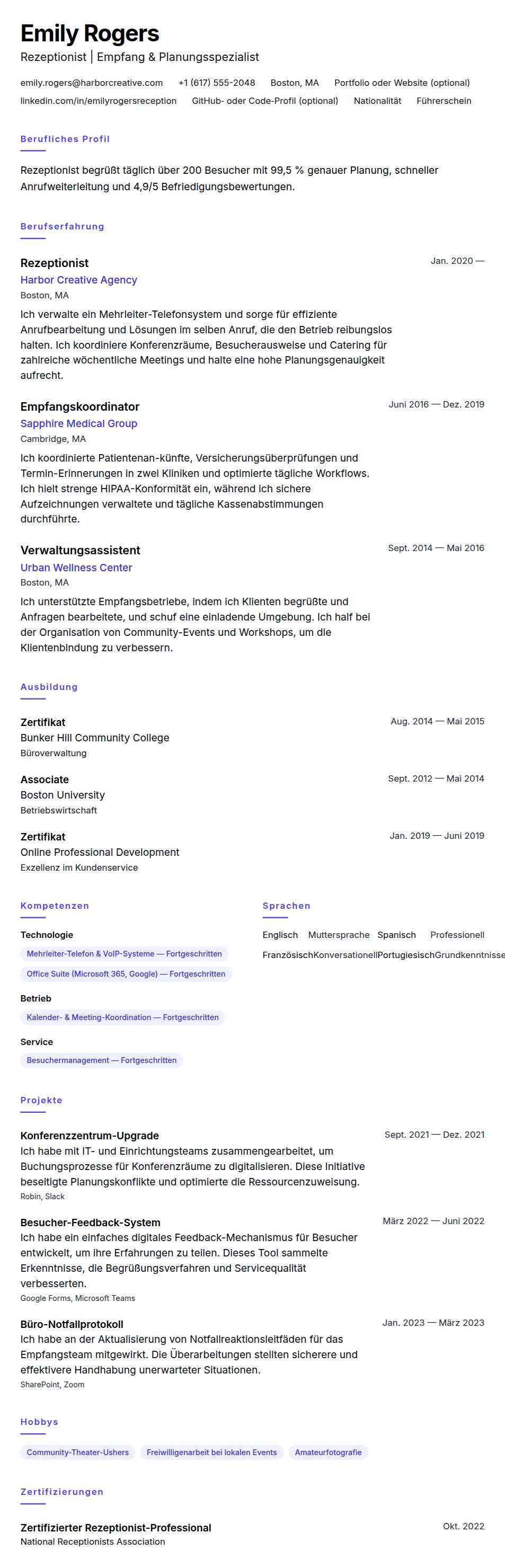 Lebenslaufvorschau für Rezeptionist-Lebenslauf-Beispiel