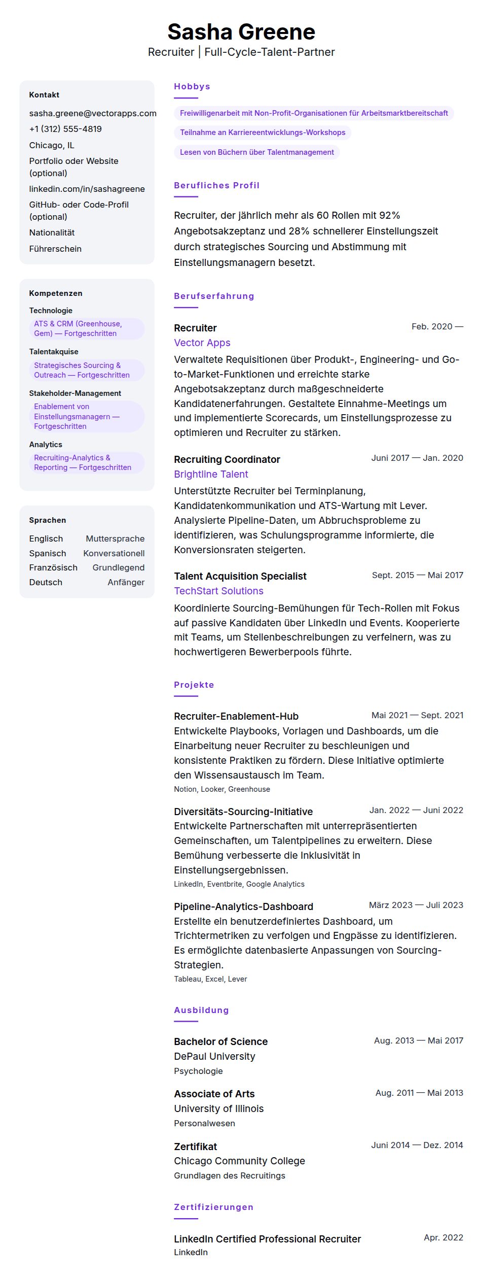 Lebenslaufvorschau für Recruiter-Lebenslauf-Beispiel