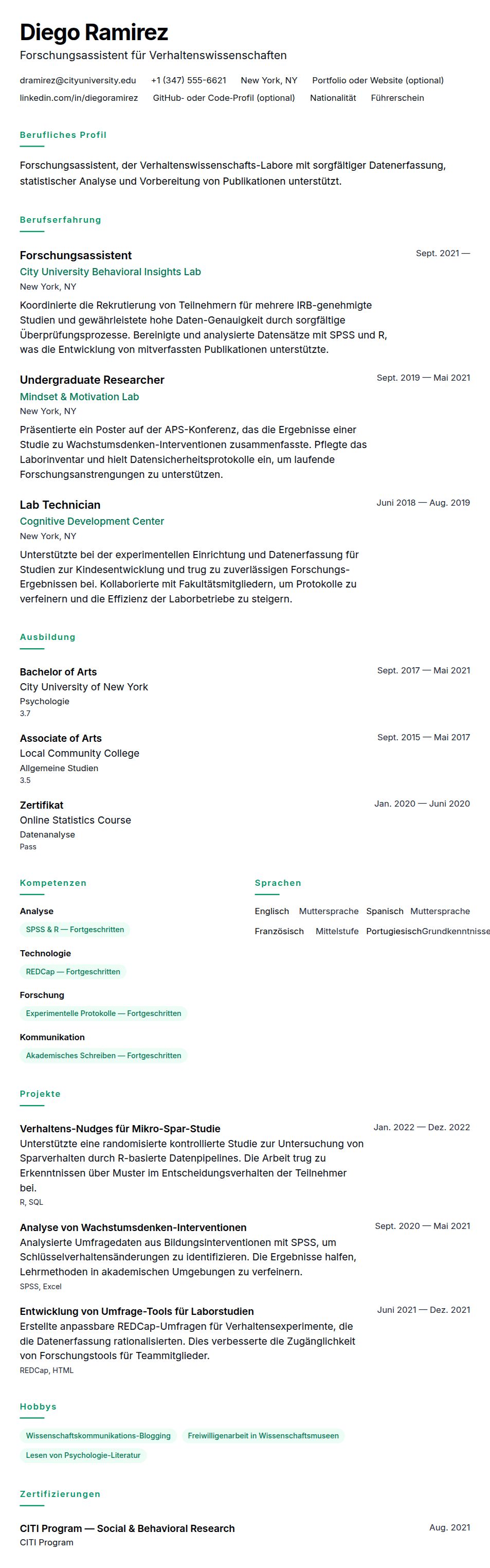 Lebenslaufvorschau für Beispiel-Lebenslauf für Forschungsassistent
