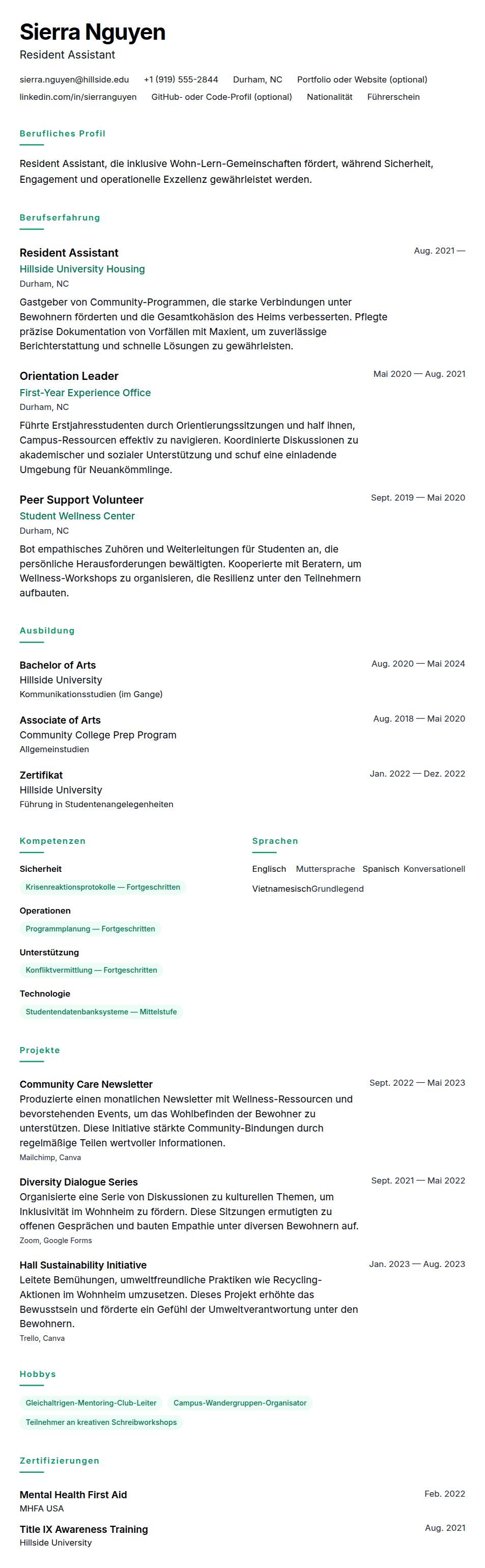 Lebenslaufvorschau für Resident Assistant Lebenslauf-Beispiel