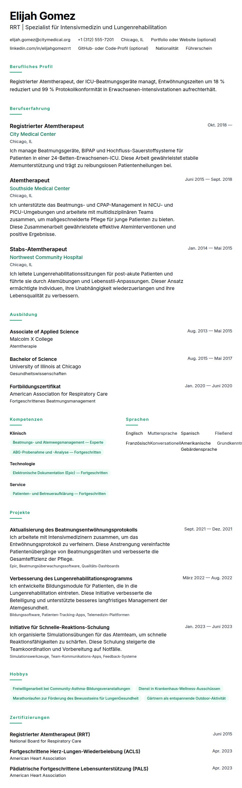 Lebenslaufvorschau für Lebenslaufbeispiel für Atemtherapeuten