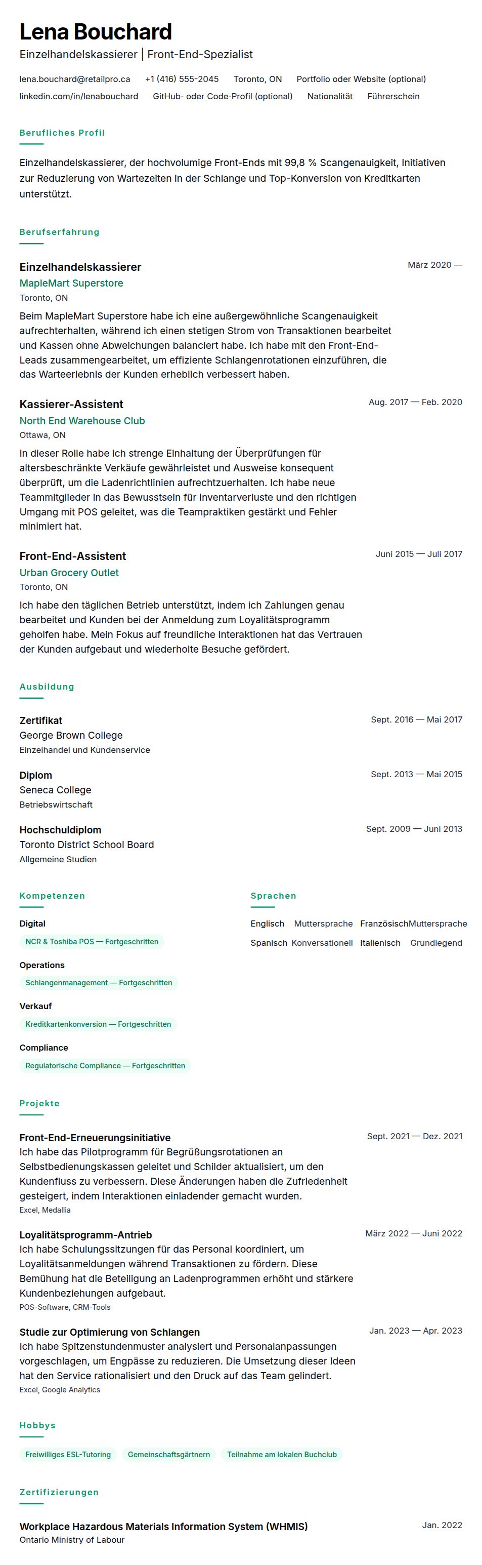 Lebenslaufvorschau für Lebenslauf-Beispiel für Einzelhandelskassierer