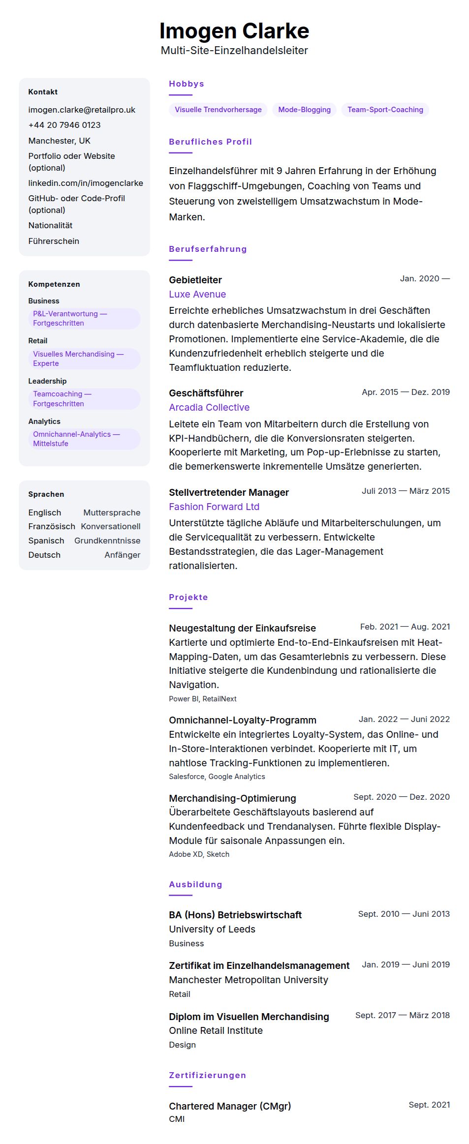 Lebenslaufvorschau für Lebenslauf-Beispiel für Einzelhandelsleiter