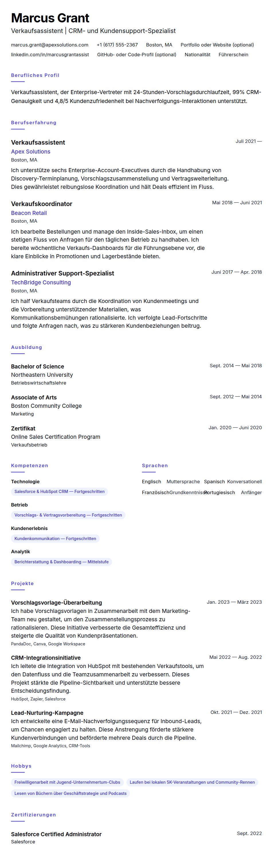 Verkaufsassistent Lebenslaufbeispiel