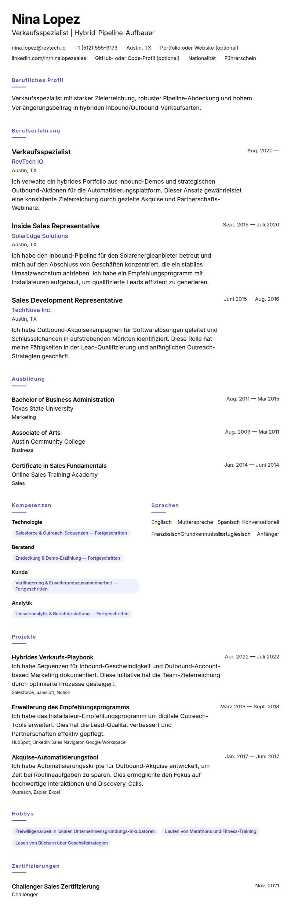Lebenslaufvorschau für Verkaufsspezialist Lebenslaufbeispiel