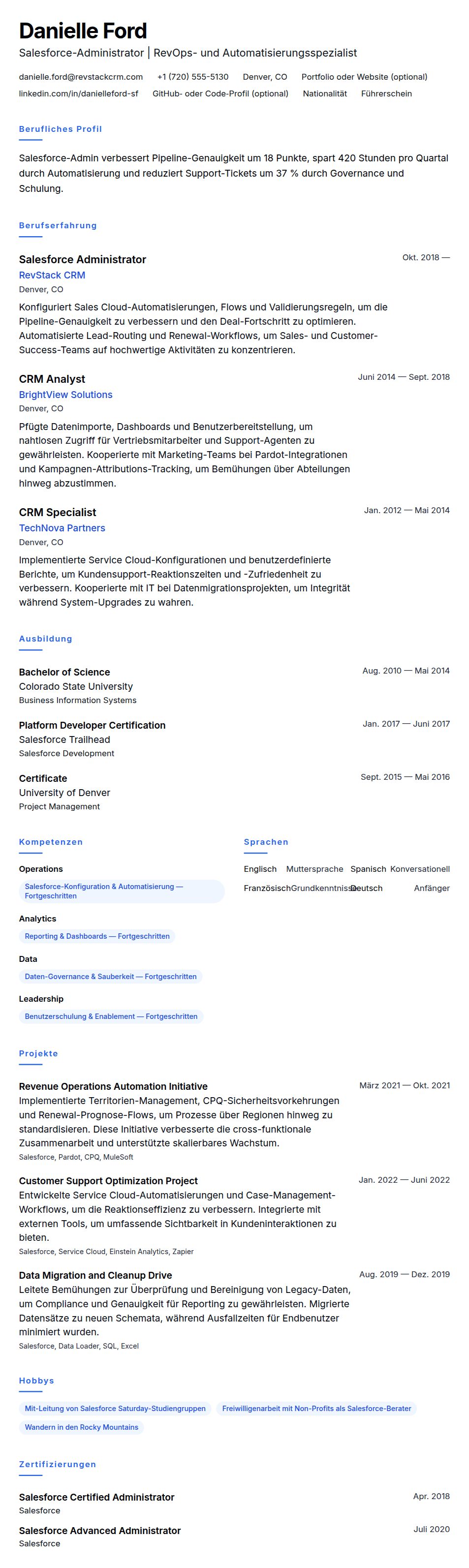 Lebenslaufvorschau für Salesforce Admin Lebenslaufbeispiel