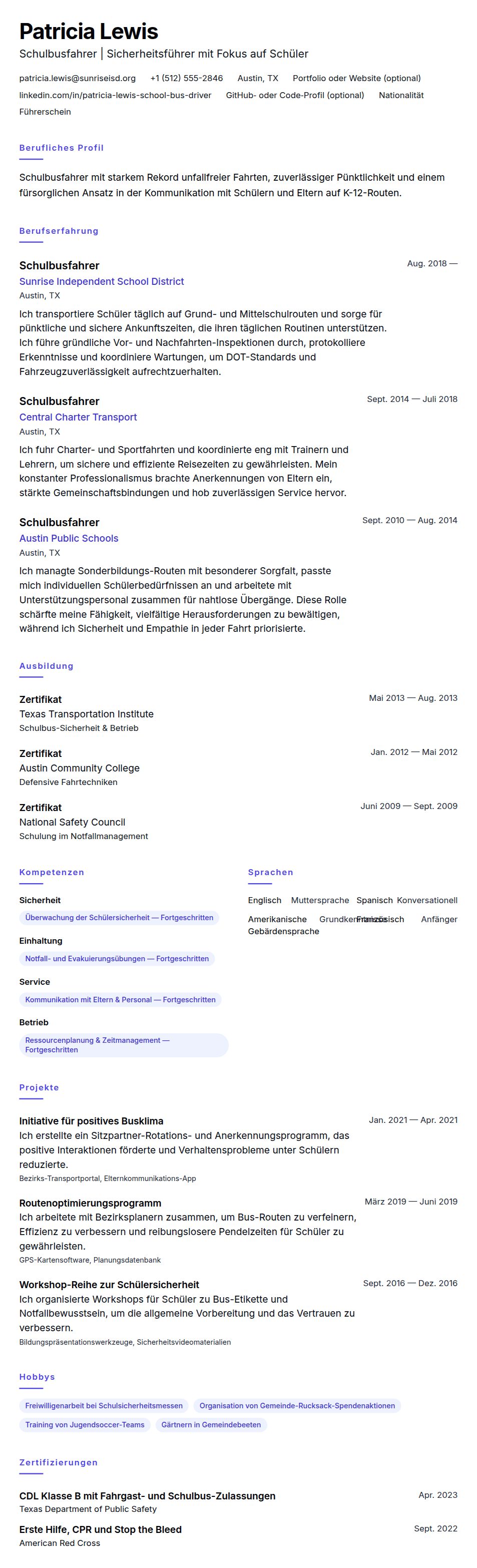 Lebenslaufvorschau für Lebenslaufbeispiel für Schulbusfahrer