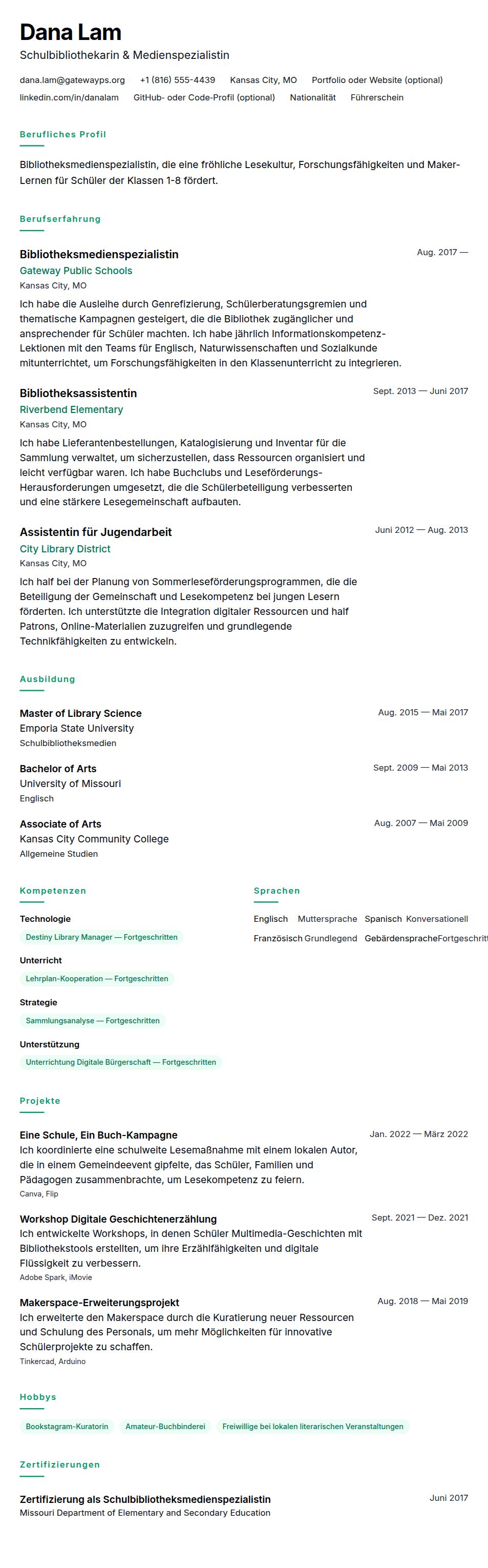 Lebenslaufvorschau für Bibliothekar-Lebenslauf-Beispiel