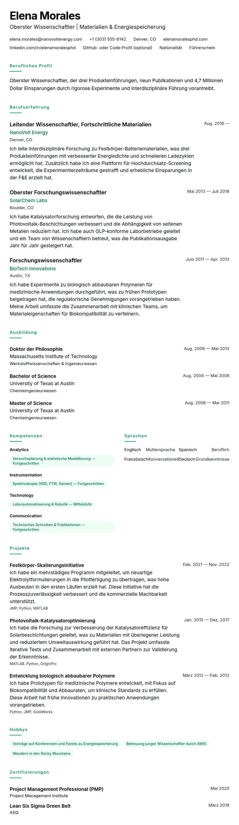 Lebenslaufvorschau für Beispiel für einen Wissenschaftler-Lebenslauf