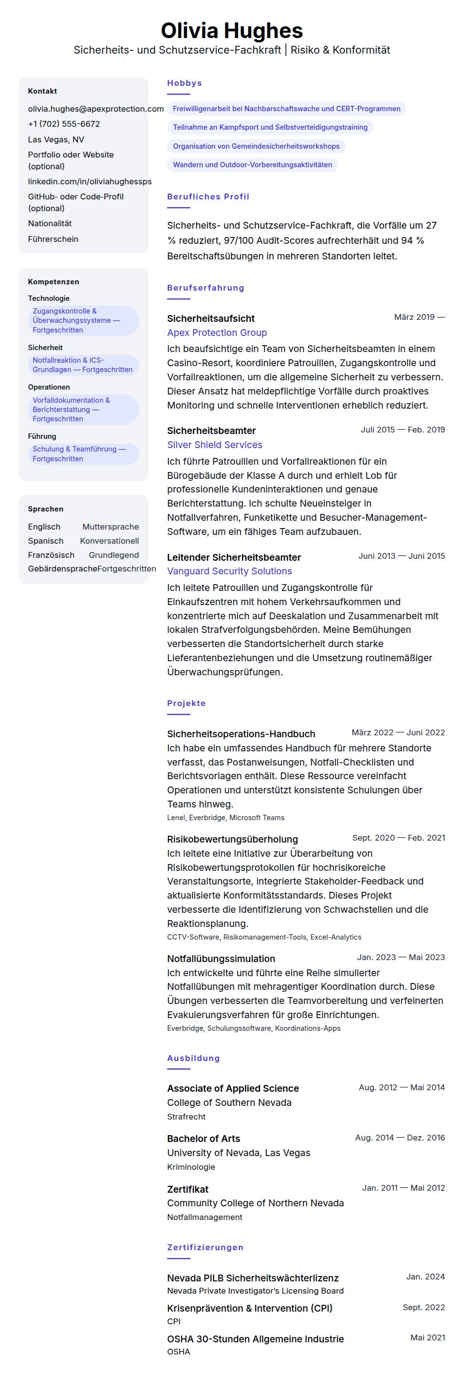 Lebenslaufvorschau für Lebenslauf-Beispiel für Sicherheits- und Schutzservice-Fachkraft
