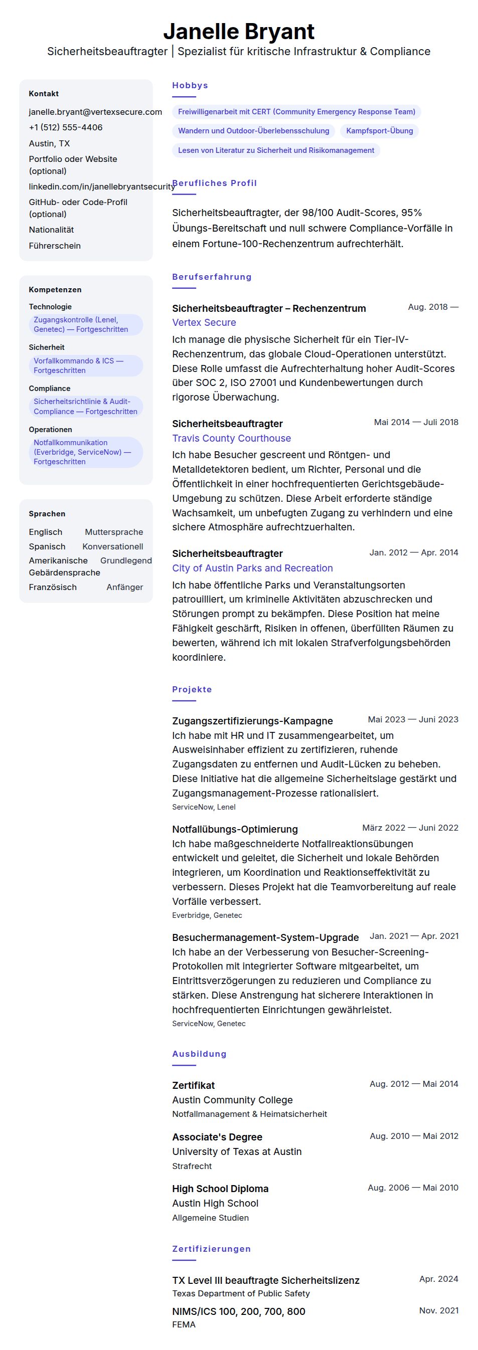 Sicherheitsbeauftragter Lebenslauf-Beispiel