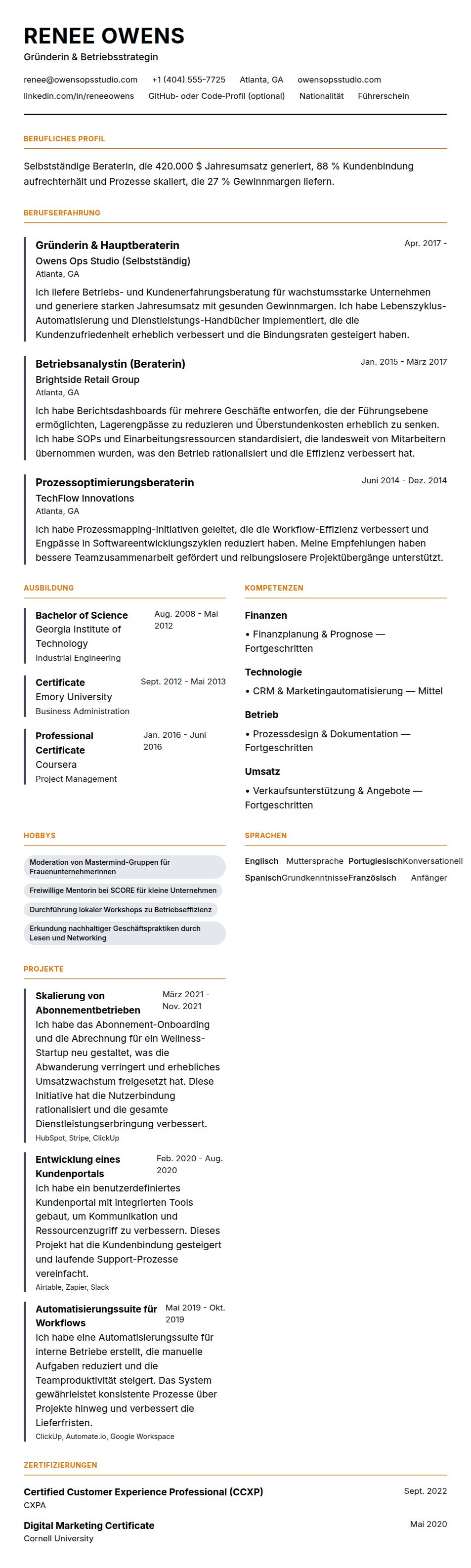 Lebenslaufvorschau für Lebenslaufbeispiel für Selbstständige