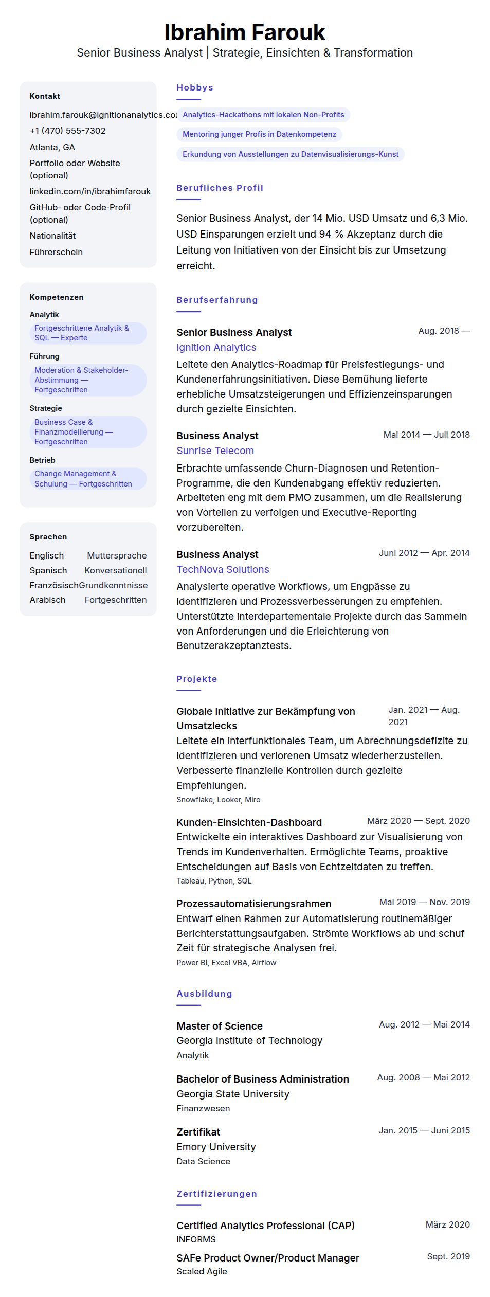 Lebenslaufvorschau für Beispiel-Lebenslauf Senior Business Analyst