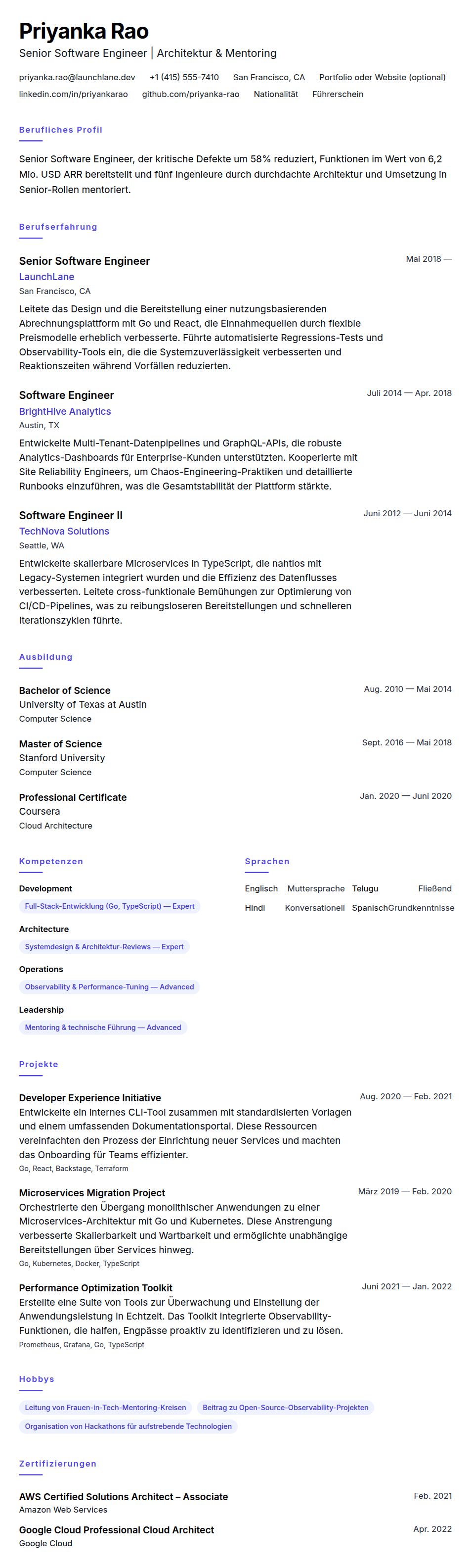Beispiel-Lebenslauf für Senior Software Engineer