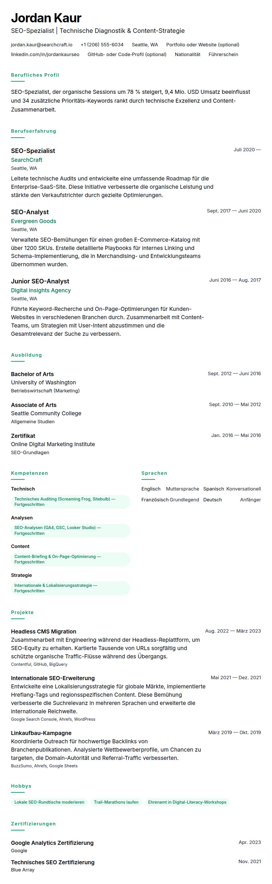 SEO-Spezialist Lebenslaufbeispiel