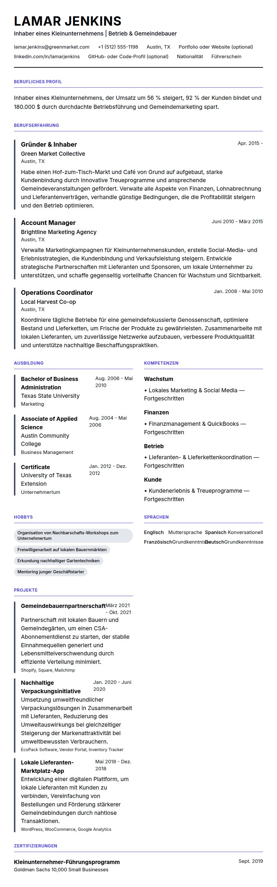 Lebenslaufvorschau für Beispiel-Lebenslauf für Inhaber eines Kleinunternehmens